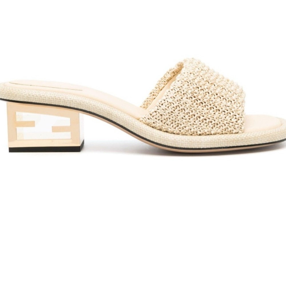Fendi Baguette Raffia Mules with Gold Block Heel